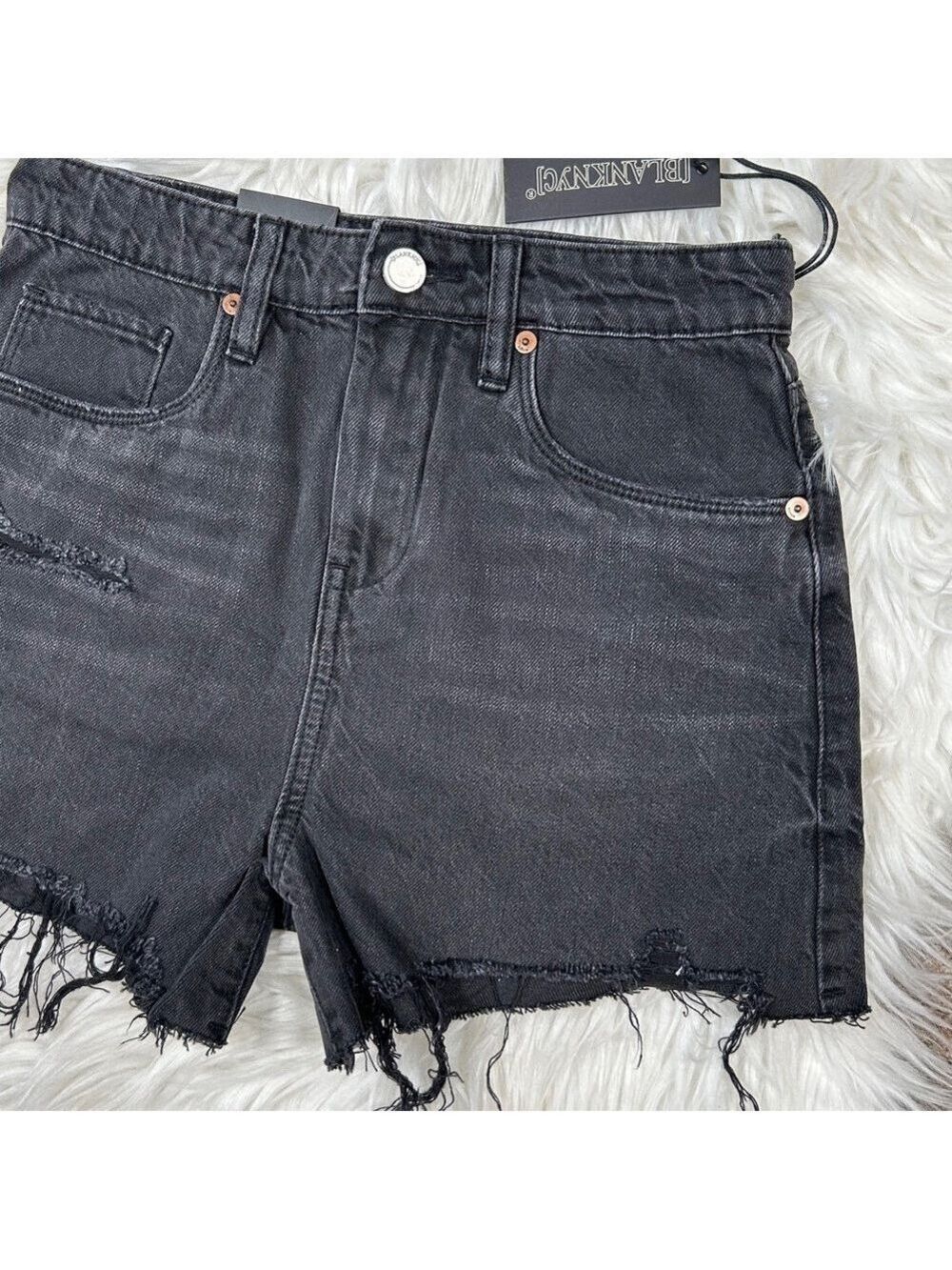 Blank NYC Reeve High Rise Distressed Black Denim Shorts Size 24 - Picture 2 of 7